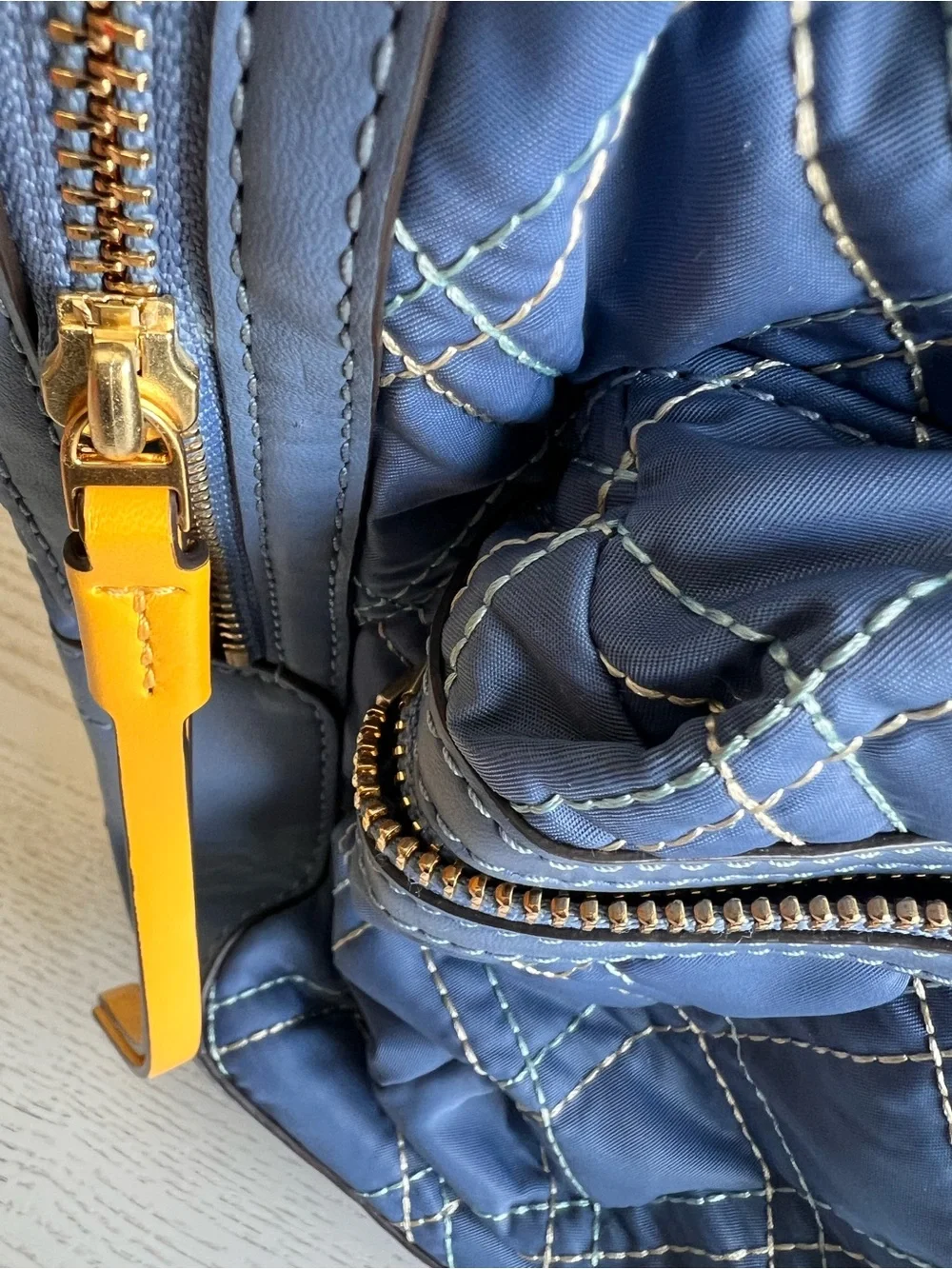 Tory Burch Quilted Blue Backpack with Tan Handles